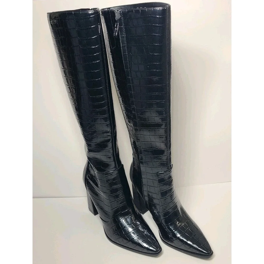 DKNY Knee High Boots Size 8M Black Croc Embossed Block Heel Charcoal Iridescent